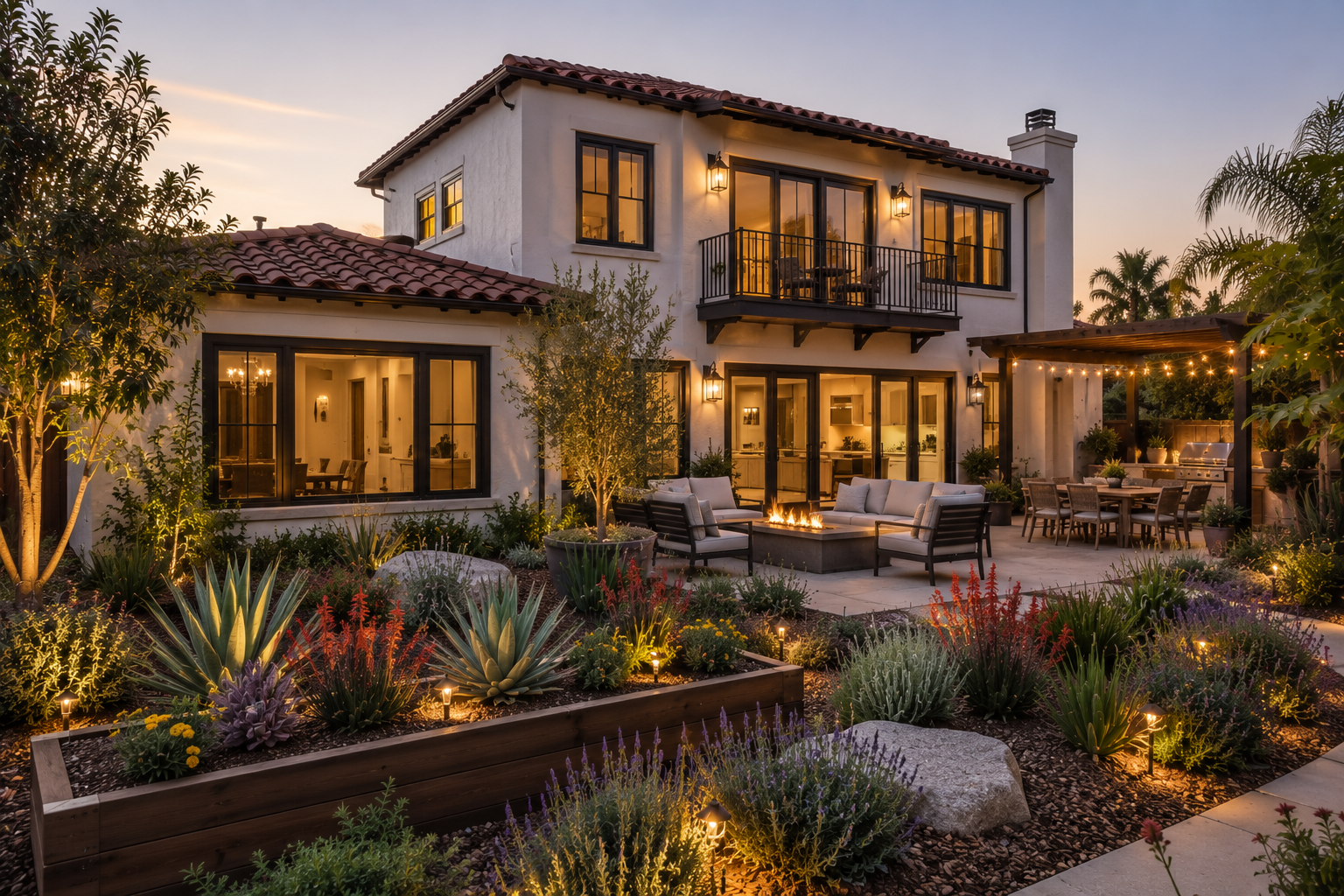Luxury outdoor living space with fire pit and patio lighting