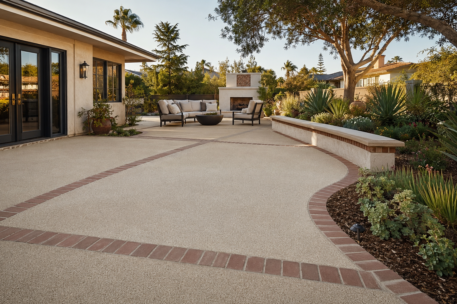 Spacious backyard patio with beige textured surface accented by red brick borders, featuring a seating area with a sofa and chairs near a fireplace, surrounded by lush desert plants and trees, under clear sky.