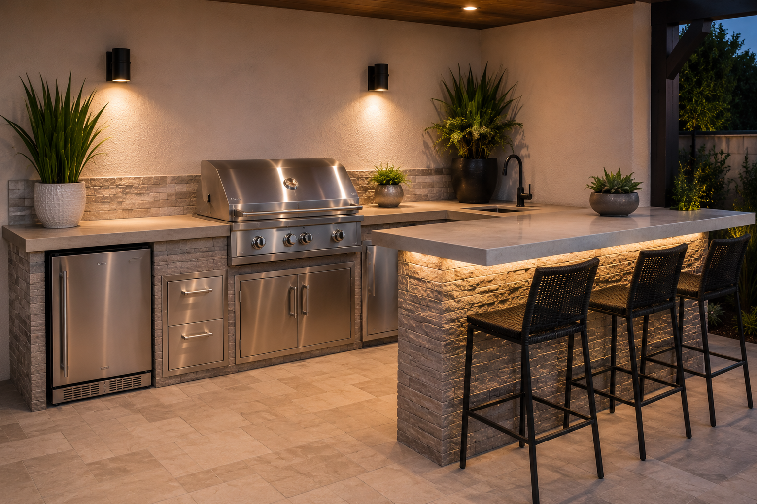 Outdoor kitchen with stainless steel appliances, potted plants, a countertop, barstools, and ambient lighting.