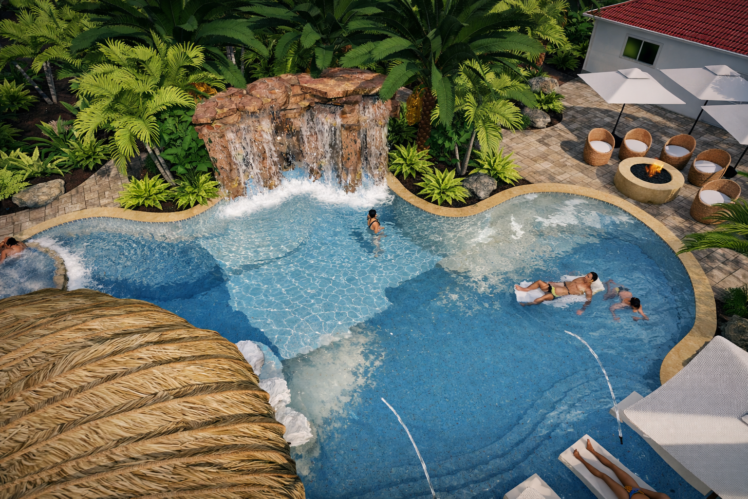A tropical swimming pool with people relaxing and swimming, surrounded by lush greenery and tropical plants, with a waterfall feature, a shaded area with chairs and umbrellas, and a fire pit area with woven chairs.  Landscape pool designer 3-D 
