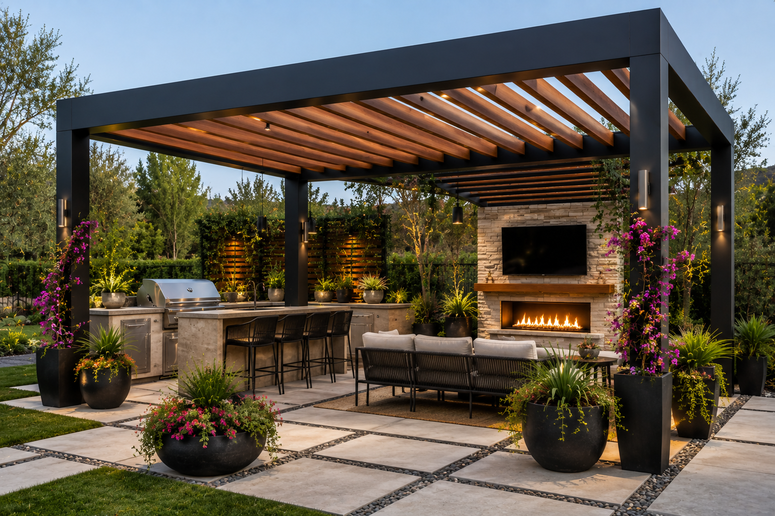 Outdoor living space with a modern pergola, fireplace, TV, outdoor kitchen, and garden, illuminated at dusk.