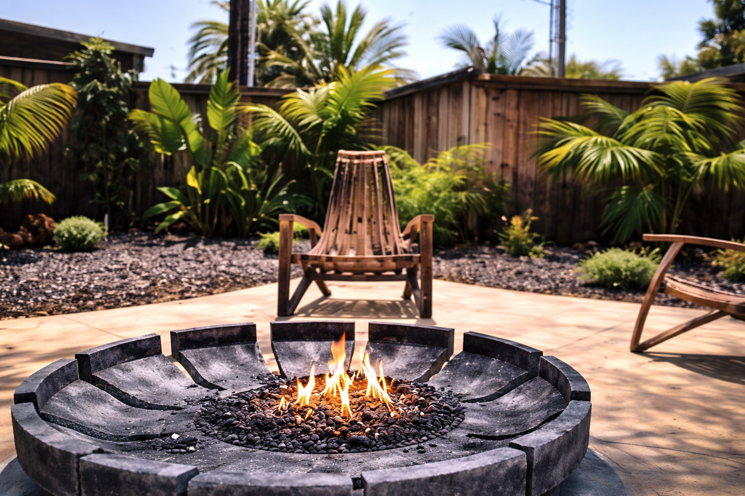 An outdoor backyard space with a fire pit, wooden chairs, and lush green plants.