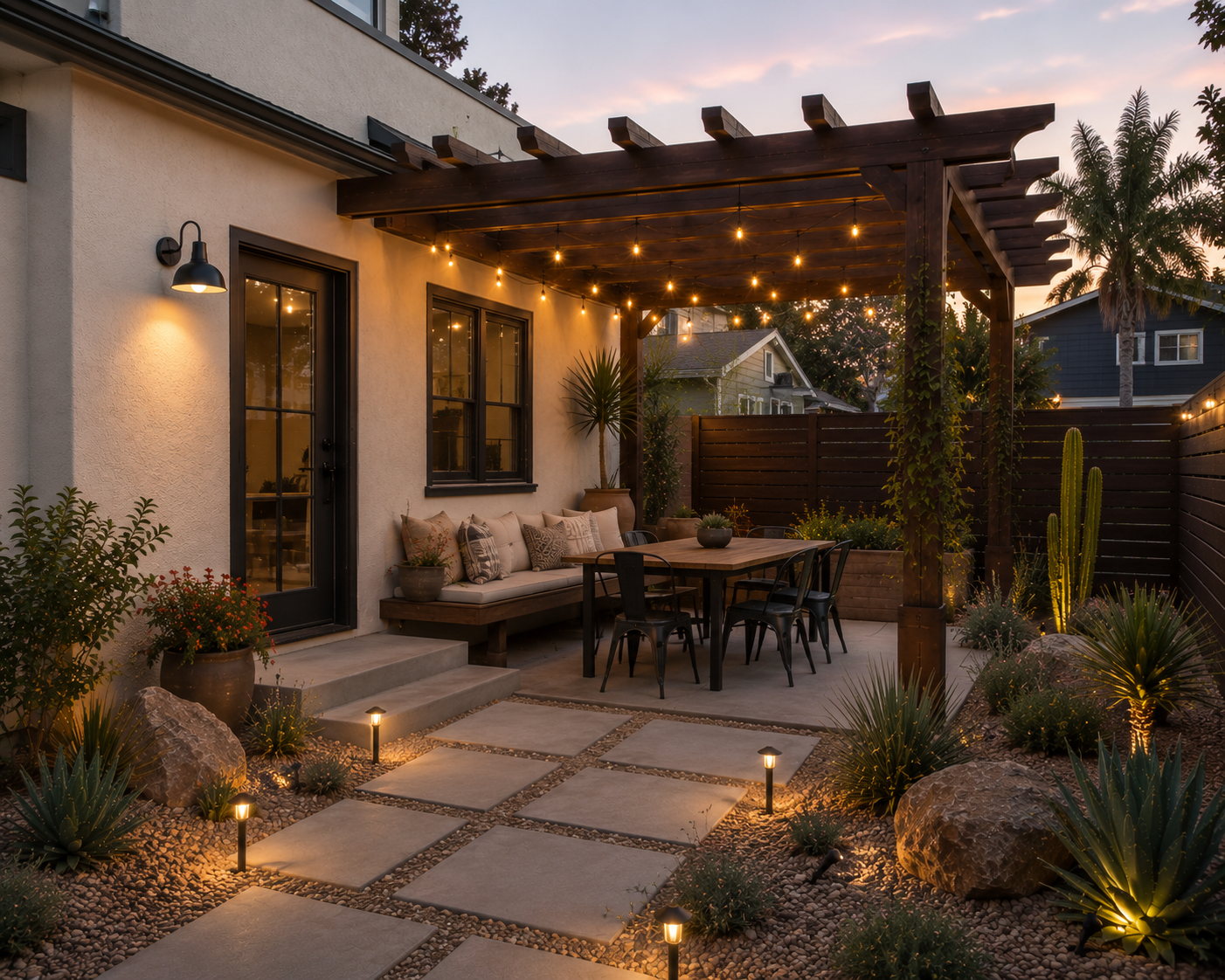 A cozy outdoor patio at sunset featuring a wooden pergola with string lights, a seating area with a cushioned bench, a wooden dining table with black chairs, potted plants, desert landscaping with cacti, rocks, and pathway lights, enclosed by a dark wooden fence.