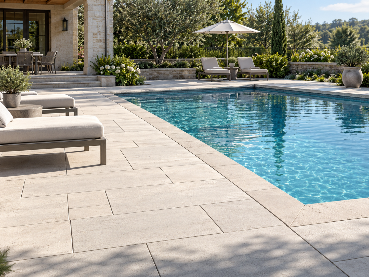 Backyard with a swimming pool, outdoor lounge chairs, patio table and chairs, large potted plants, trees, and a house with stone walls.