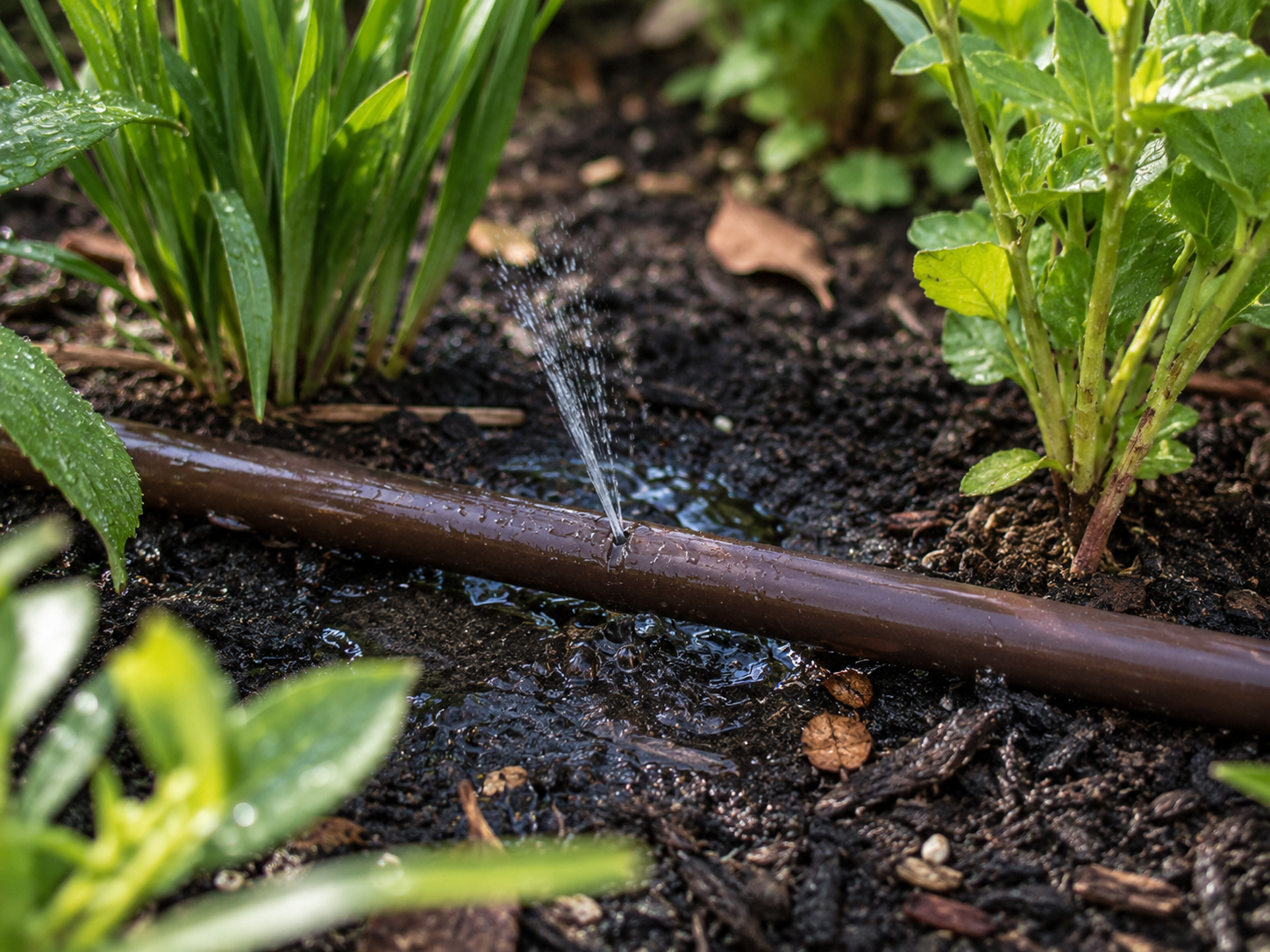 Close-up of a drip irrigation tube techline that has a small leak and needs repair
