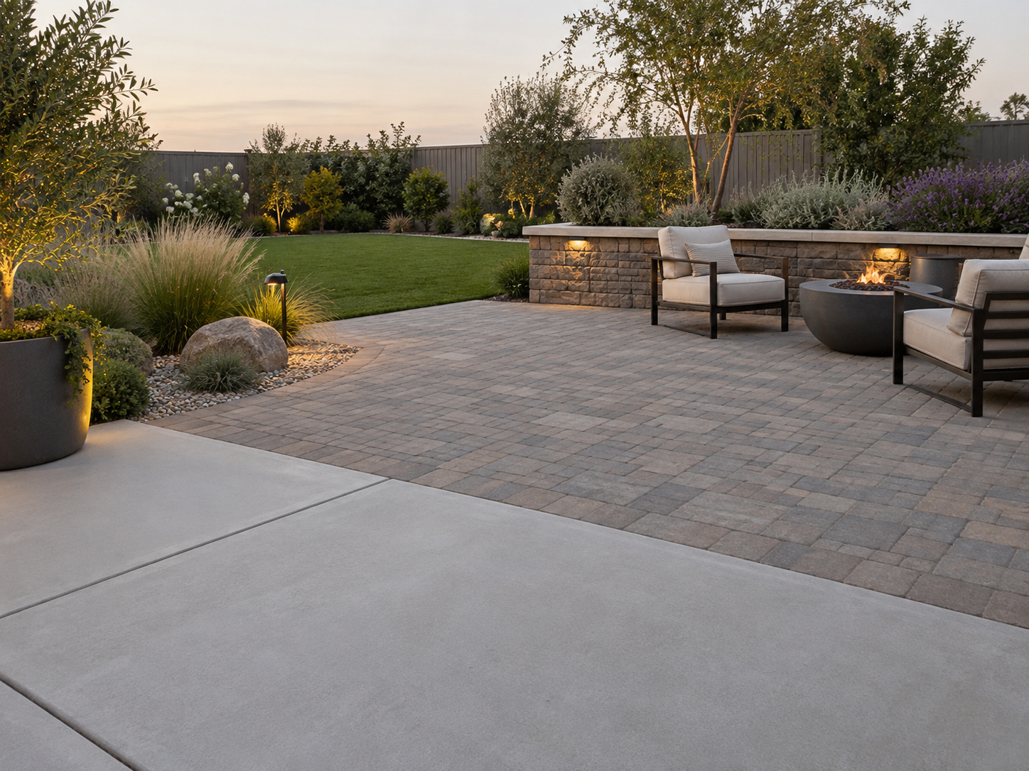 Backyard patio with paver flooring, outdoor seating, firepit, landscaped garden, and a grassy area, lit by outdoor lighting at dusk.
