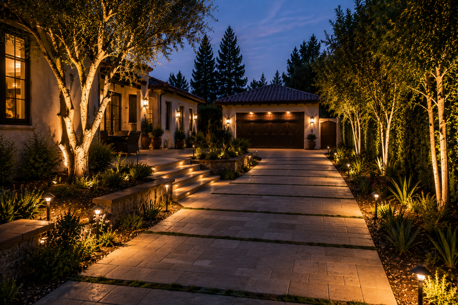 A well-lit driveway leading to a garage at dusk, with trees and shrubs decorated with string lights and landscape lighting.