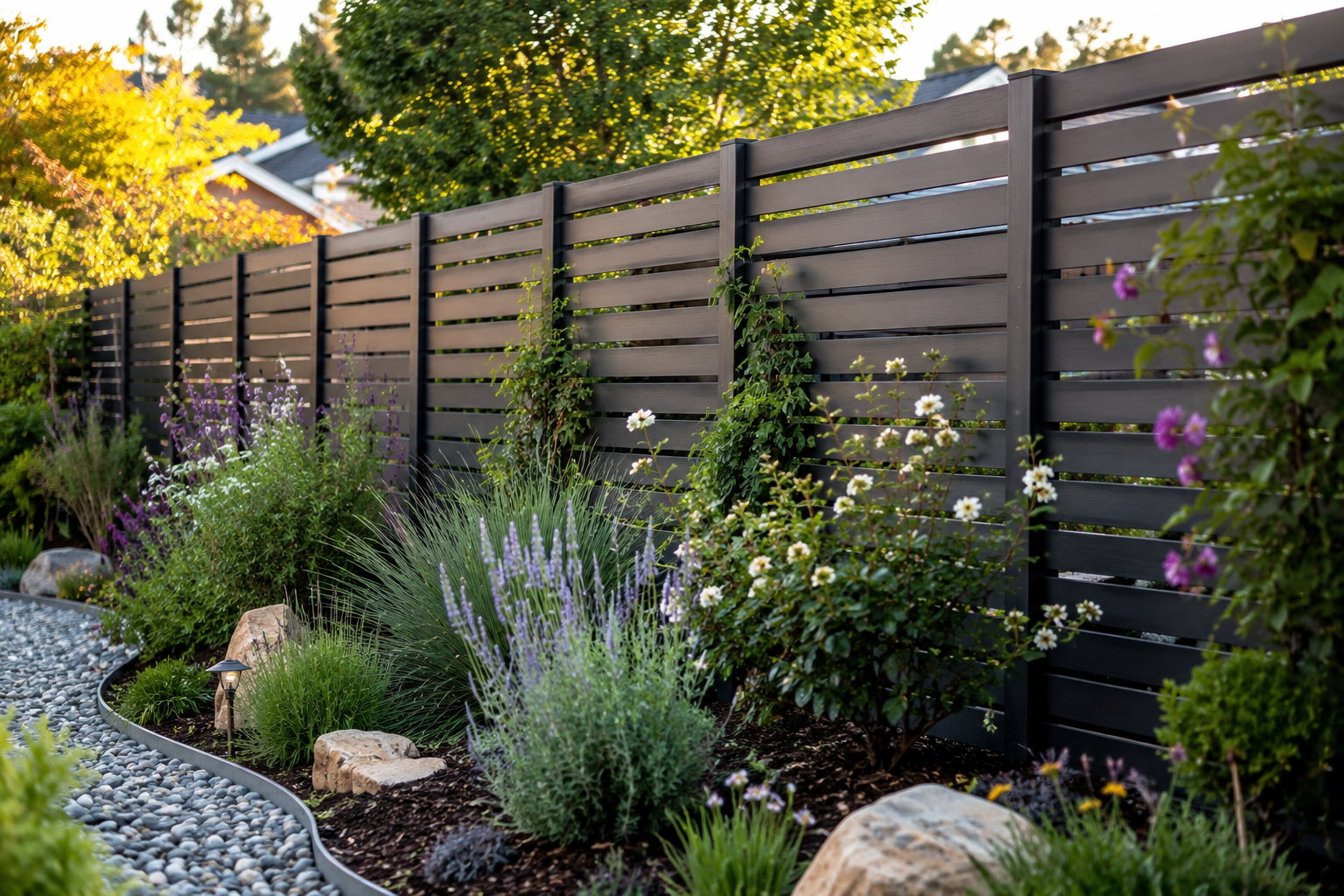 A backyard garden with a black wooden fence, various green plants, purple and white flowers, rocks, and a small garden light, surrounded by trees.