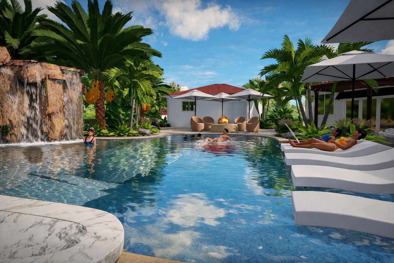 People relaxing in a luxurious backyard pool area with a waterfall feature, surrounded by lush tropical plants, umbrellas, and lounge chairs, under a bright blue sky.  Contractor that can design and build a pool