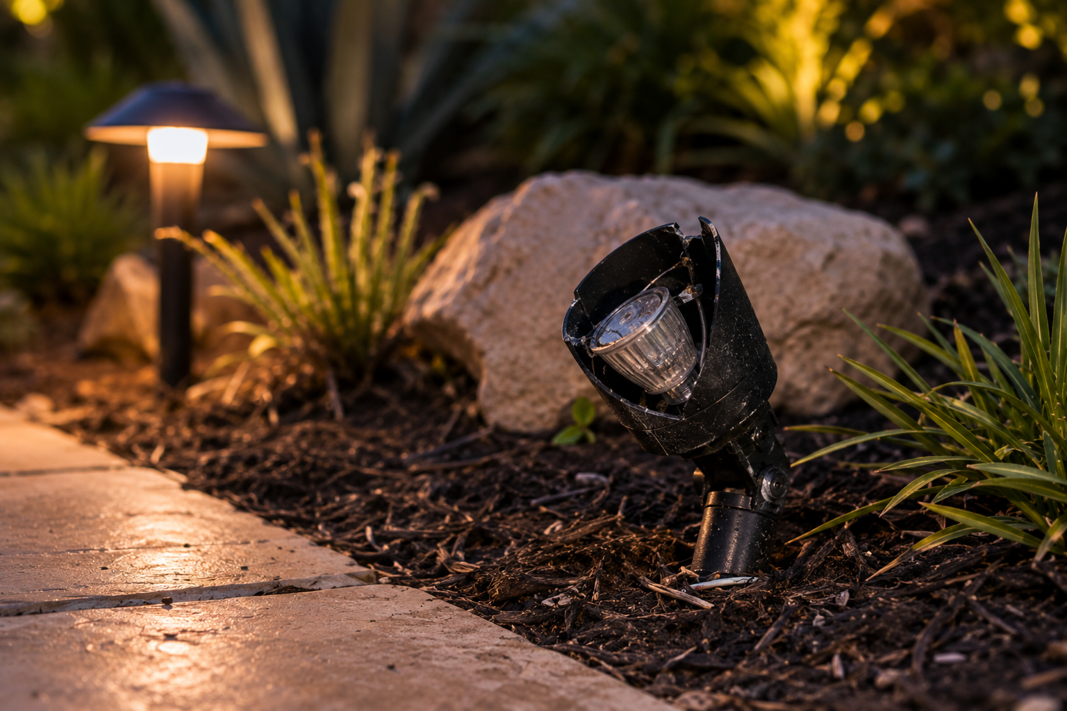 Outdoor garden landscape at dusk with pathway and landscape lighting, including a spotlight tilted into the soil near plants, large rock, and a lamp post with warm light in the background.