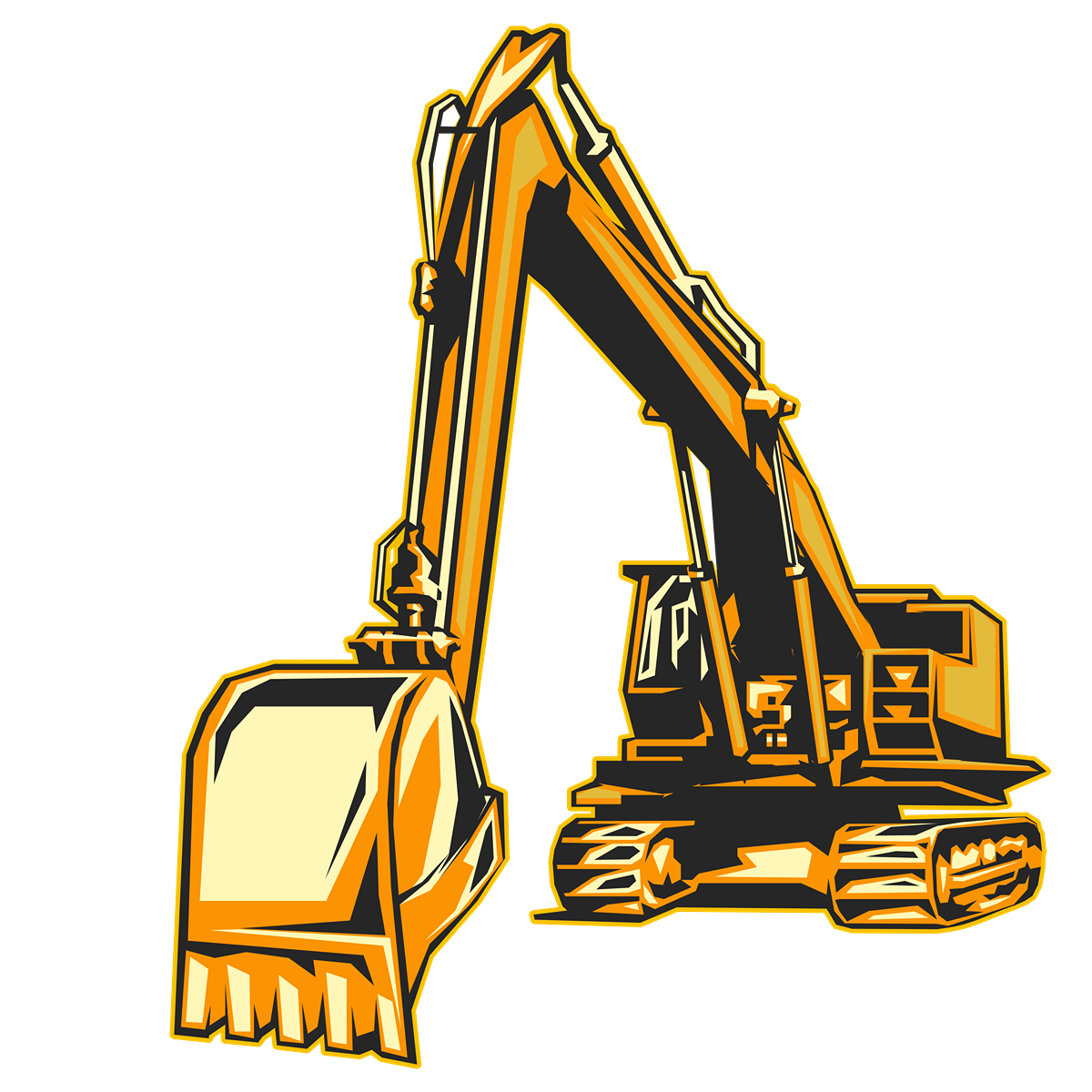 Digital illustration of a yellow and black excavator against a black background.