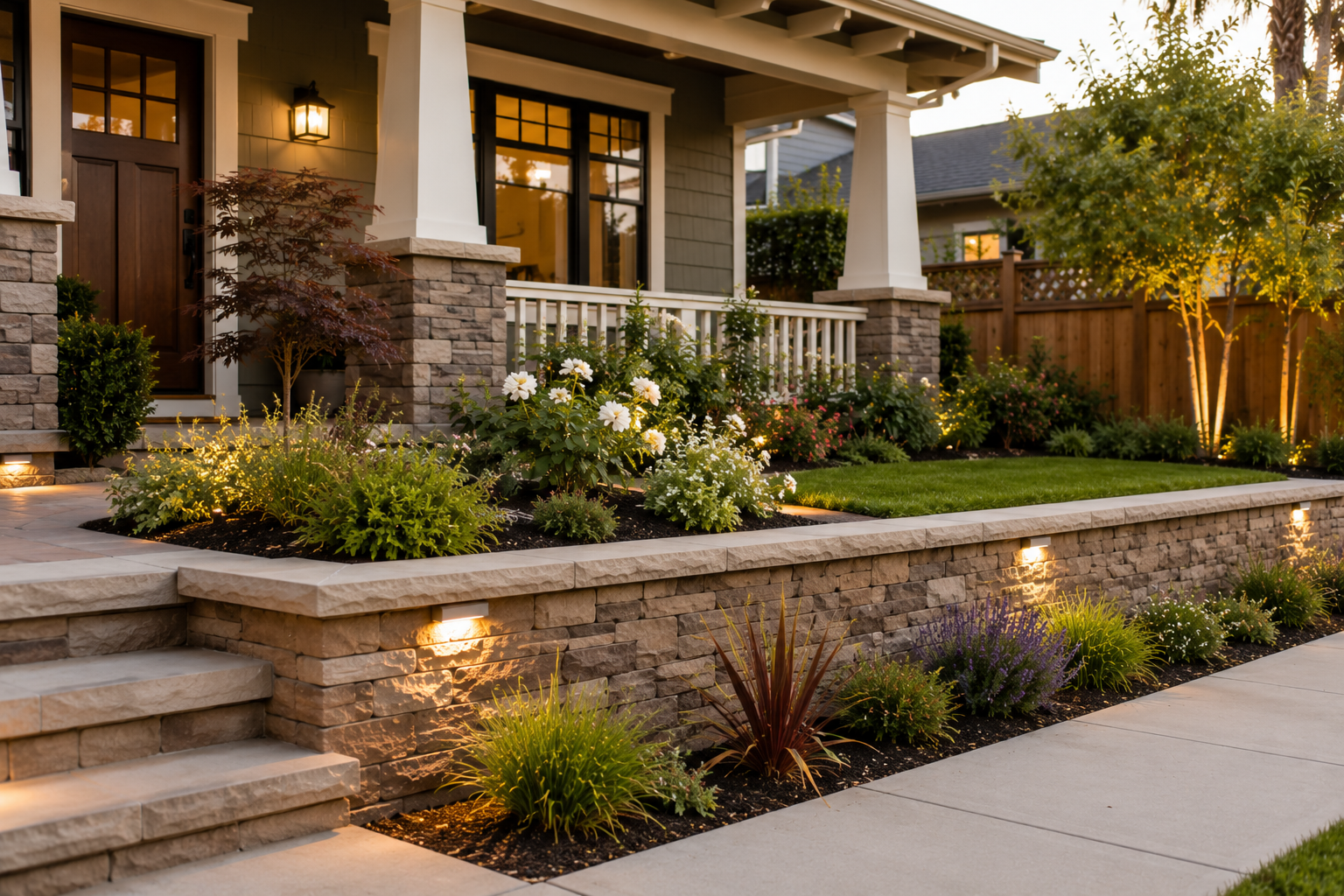 Front entry landscape with pathway lighting and flowering plants
