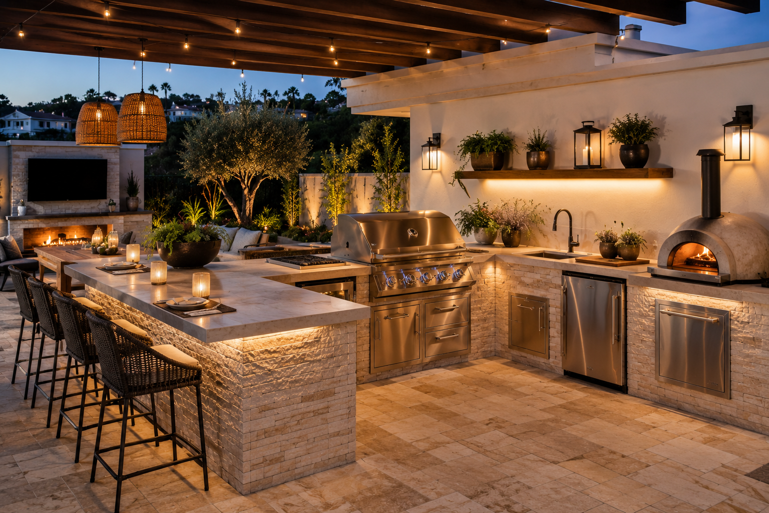 Luxury outdoor kitchen with pizza oven and fireplace
