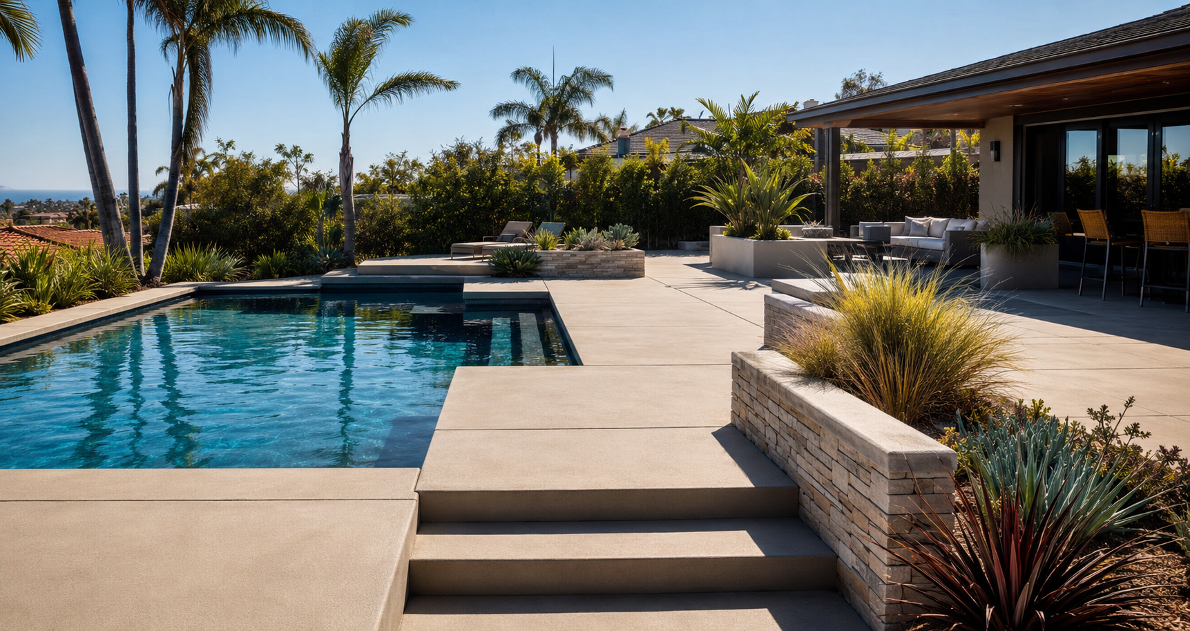 Modern backyard with a swimming pool, lounge chairs, tropical plants, and an outdoor seating area at a house.