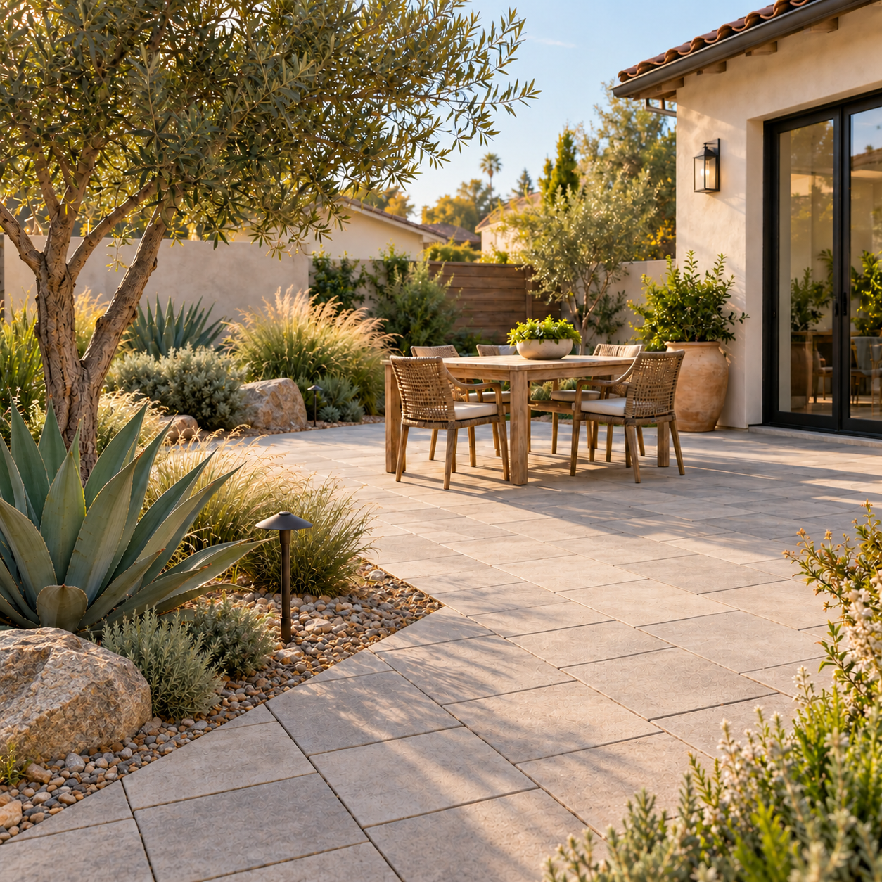 AI-generated illustration of a pale paver patio with a dining table, chairs, planted borders and fractured decorative rock beside a stucco house.