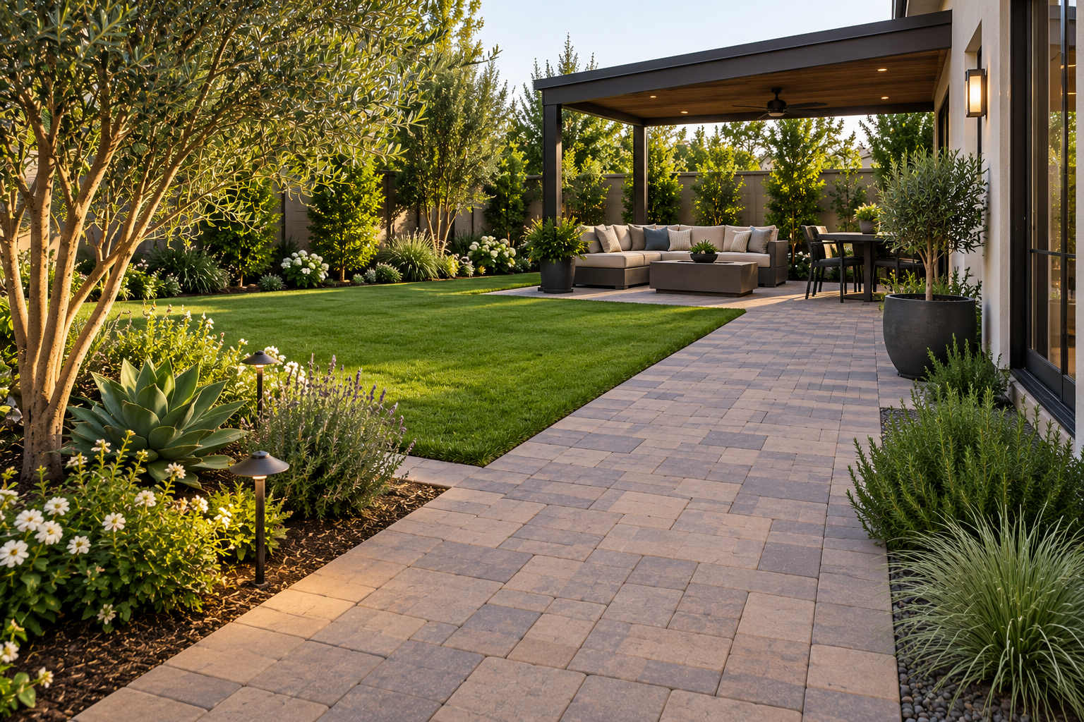 A backyard patio area with a covered lounge section and outdoor furniture, surrounded by lush green plants, trees, and a well-manicured lawn, illuminated by warm lighting at sunset.
