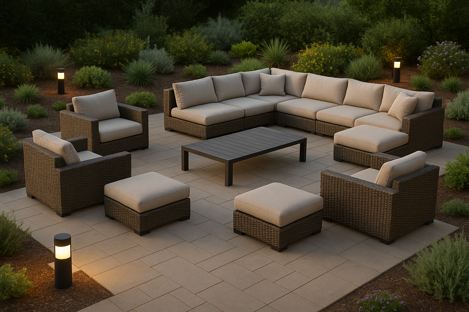 Outdoor patio with wicker sectional sofa and chairs, beige cushions, a black coffee table, and pathway lighting, surrounded by shrubs and plants.