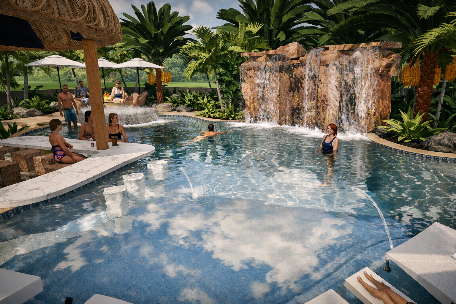Luxurious outdoor swimming pool area with waterfall feature, surrounded by lush tropical plants, sun umbrellas, and lounge chairs, with people relaxing and swimming.
