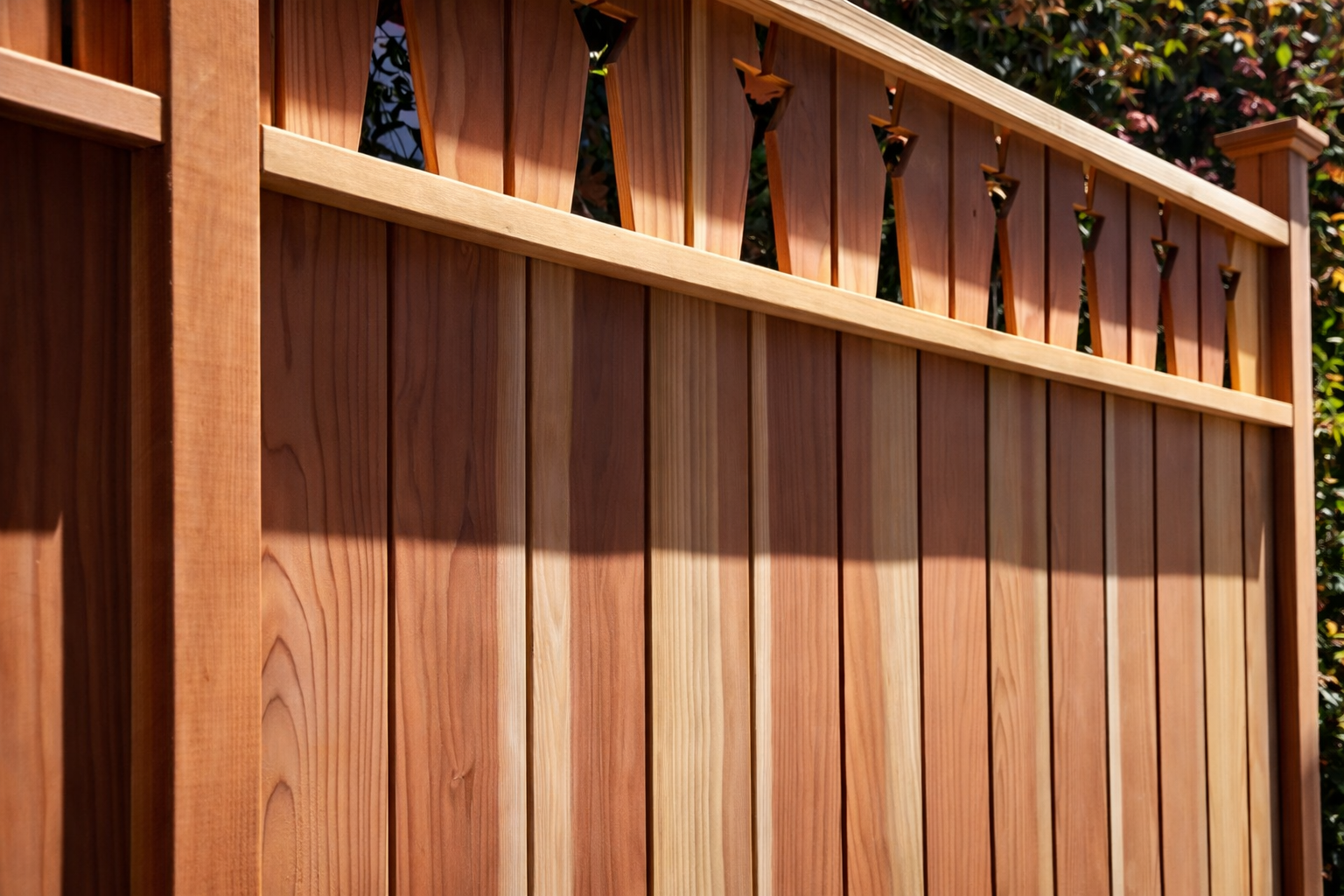 Close-up of a wooden privacy fence with vertical slats and decorative top trim, with sunlight creating shadows.