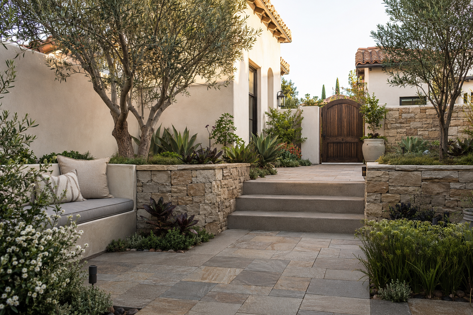 A backyard patio with stone steps, a cushioned outdoor sofa with pillows on the left, and a variety of plants including trees, succulents, and flowering bushes. There is a wooden gate and neighboring houses visible in the background.