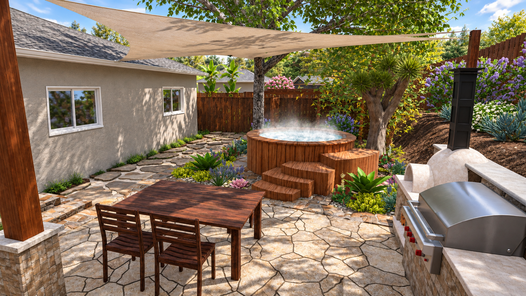 3D landscape design rendering for a San Diego home: backyard patio with stone flooring, a hot tub surrounded by wooden steps, a barbecue grill, a dining table with chairs, shaded by a sail shade.
