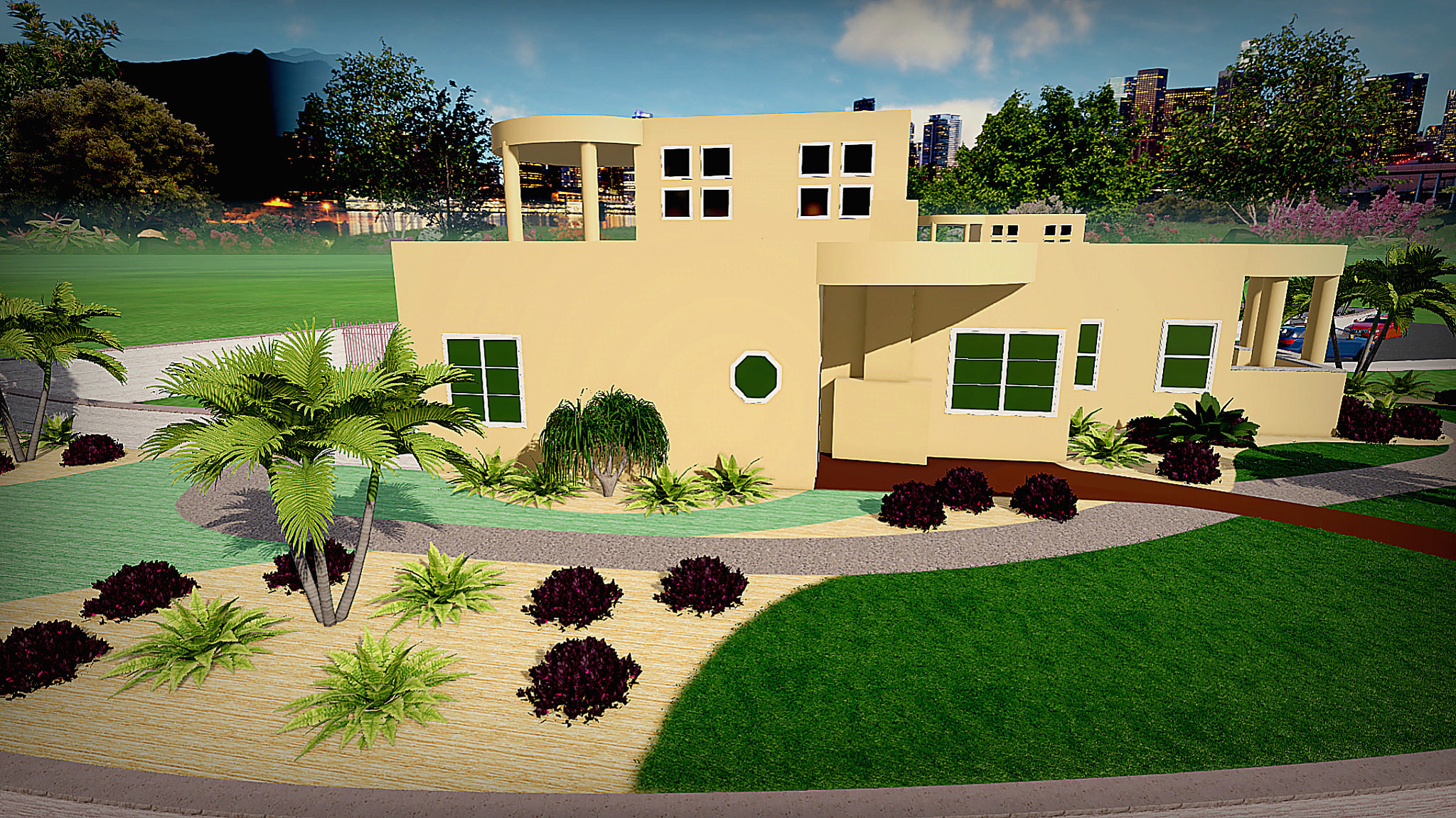 A modern, abstract yellow house with multiple windows, surrounded by landscaped gardens with bushes, palm trees, and pathways, set against a background of city buildings and a cloudy sky.