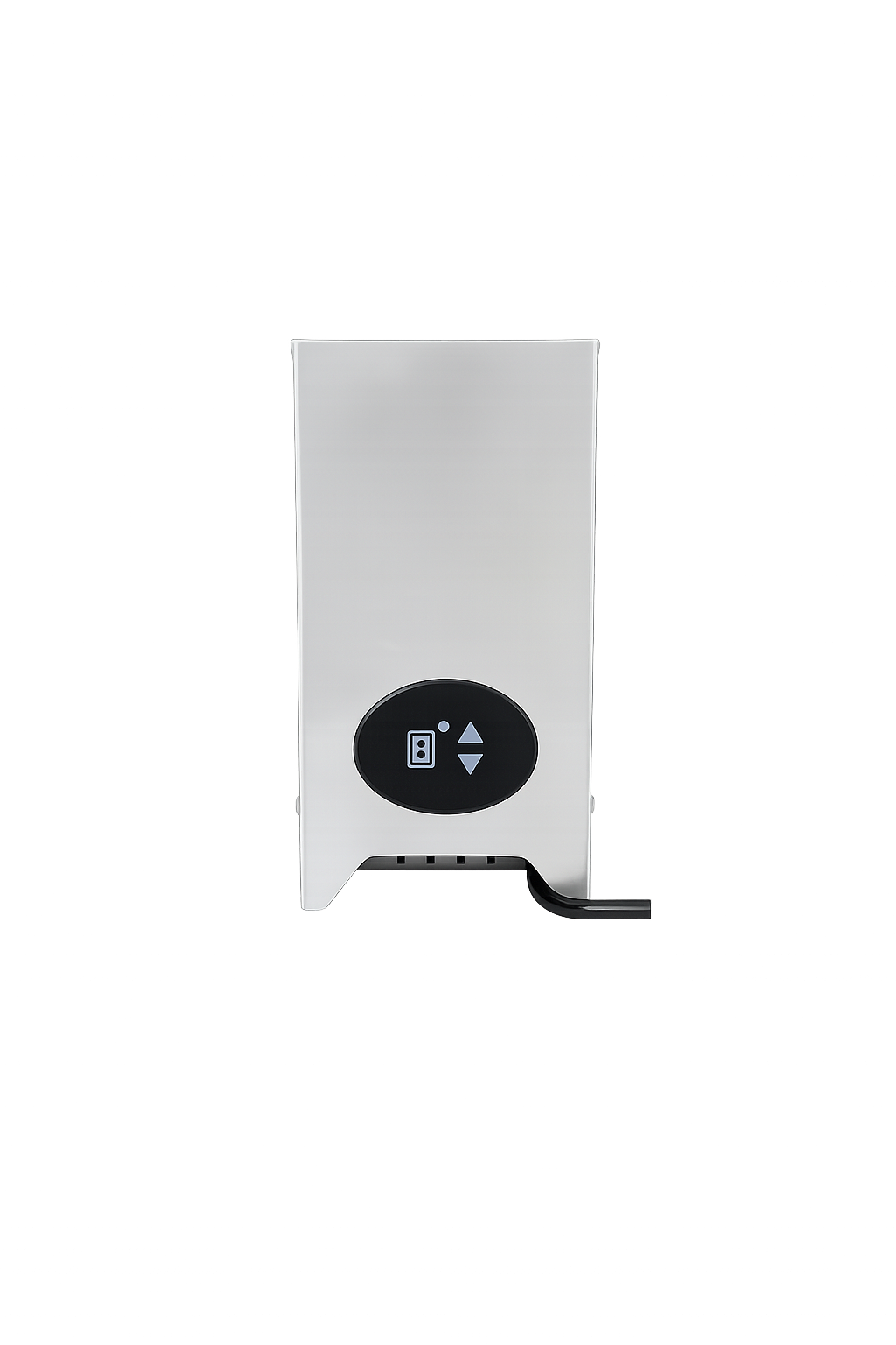 A rectangular electronic device with a small circular control panel featuring an up and down arrow, a button, and a small display, set against a black background with colorful digital light effects.