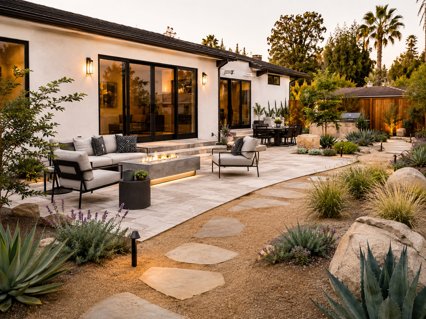Modern backyard patio with outdoor seating, fire feature, dining area, desert plants, and landscaped garden at sunset.