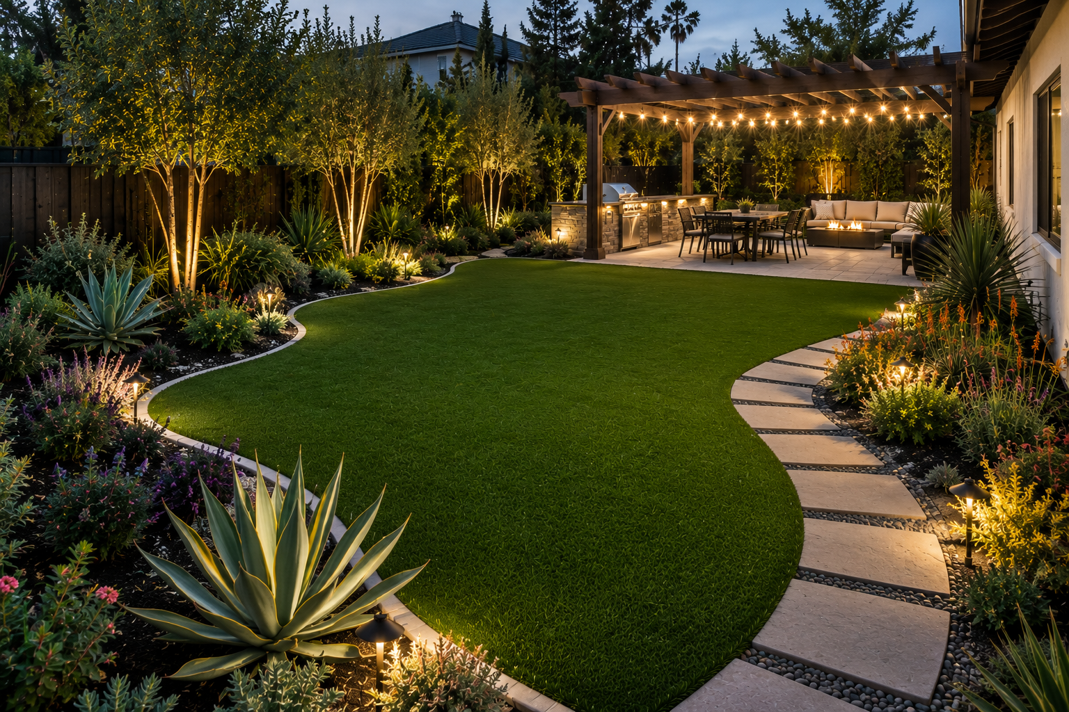 A beautifully landscaped backyard at dusk with an illuminated seating area under a wooden pergola, lush green lawn, stone pathway, and various plants and trees lit by outdoor lights.