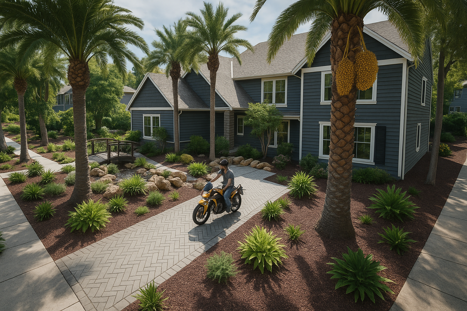 3D Design, A person riding a yellow motorcycle on a paved sidewalk in a landscaped yard with palm trees, bushes, and a blue house in the background.