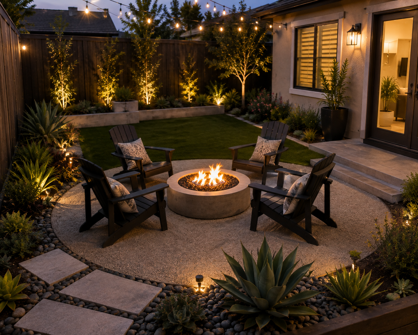 Outdoor backyard patio with a fire pit surrounded by four chairs, decorative cushions, landscaping, string lights, and a house with windows and a door in the evening.