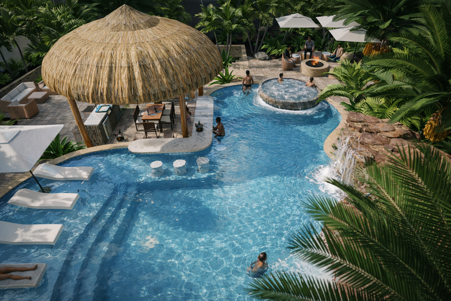 People relaxing and swimming in a tropical resort pool surrounded by lush green plants and rocks, with lounge chairs and umbrellas.