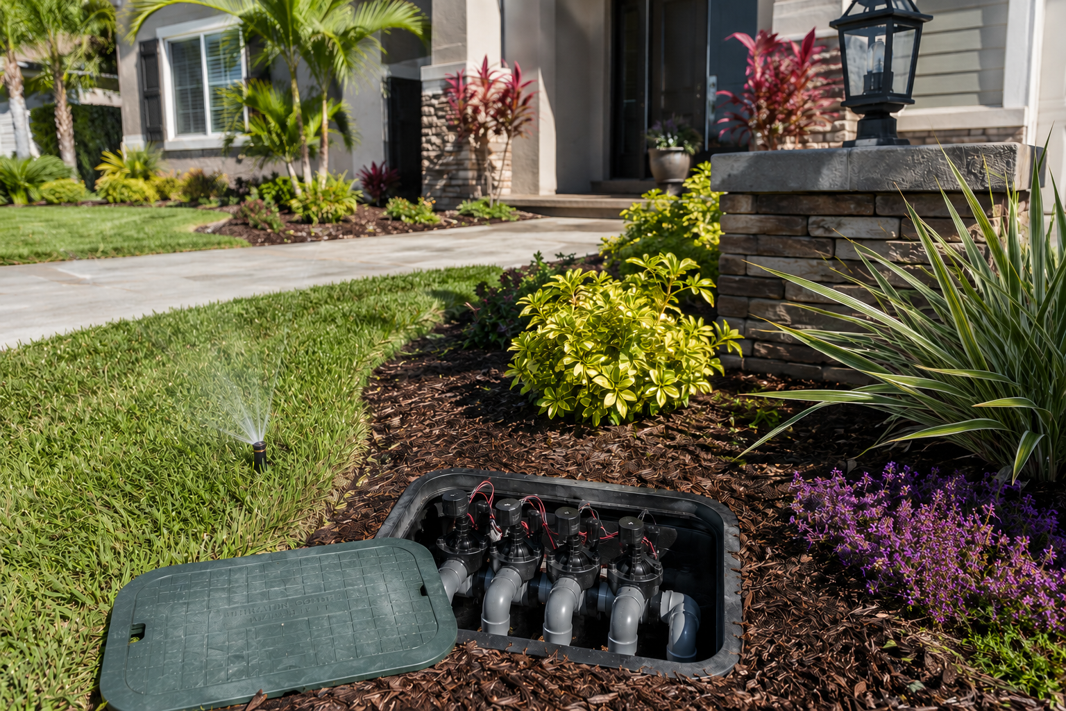A sprinkler system box open in a landscaped front yard with various plants, a brick pathway, and a house in background.