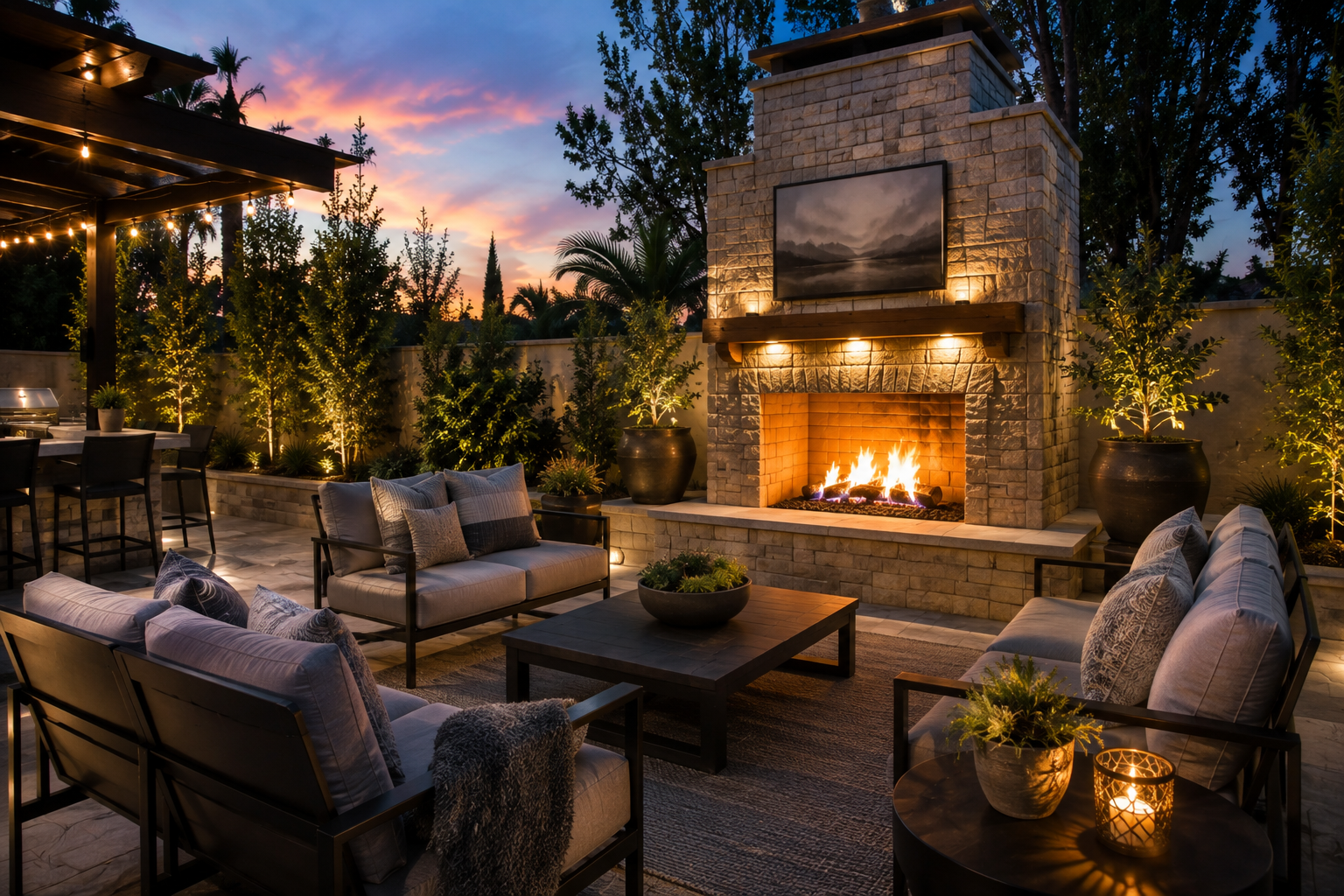 Outdoor living space with a brick fireplace, seating area with sofas and pillows, illuminated by string lights and landscape lighting, during sunset with colorful sky.