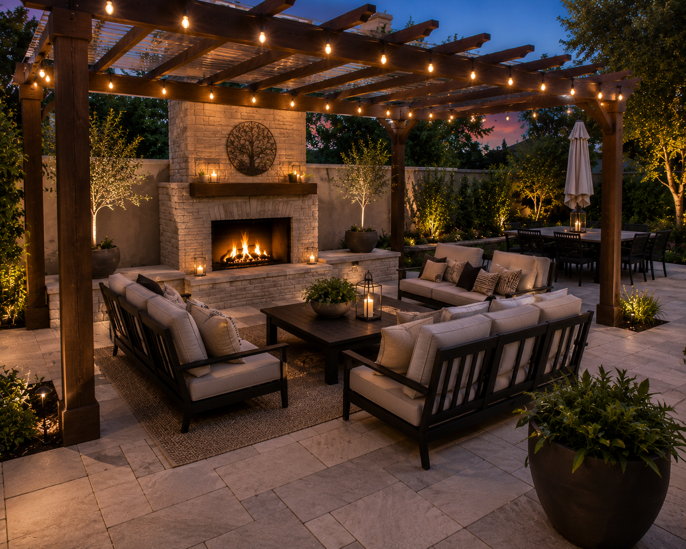 Luxury outdoor living space with fireplace and string lights