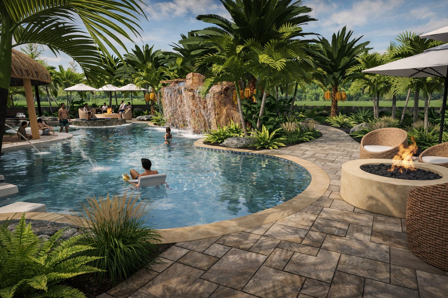 People enjoying a tropical outdoor pool area with a waterfall, surrounded by lush greenery, umbrellas, seating, and fire feature.