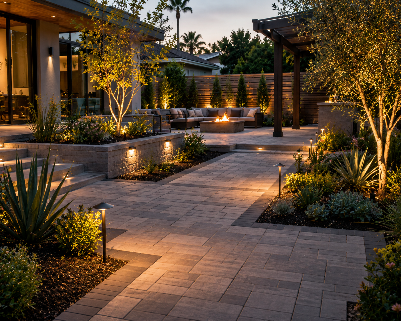 Backyard paver patio at dusk with landscaping, trees, outdoor seating, fire pit, and lighting.