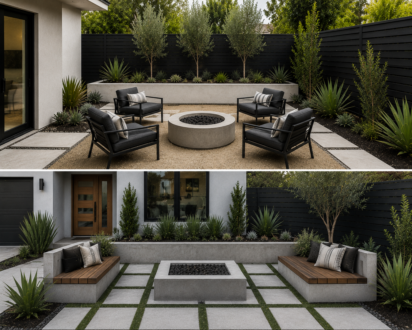 Two contrasting modern outdoor patio designs with fire pits and seating, one with black chairs and minimalistic decor, the other with built-in benches, wooden accents, and lush greenery.