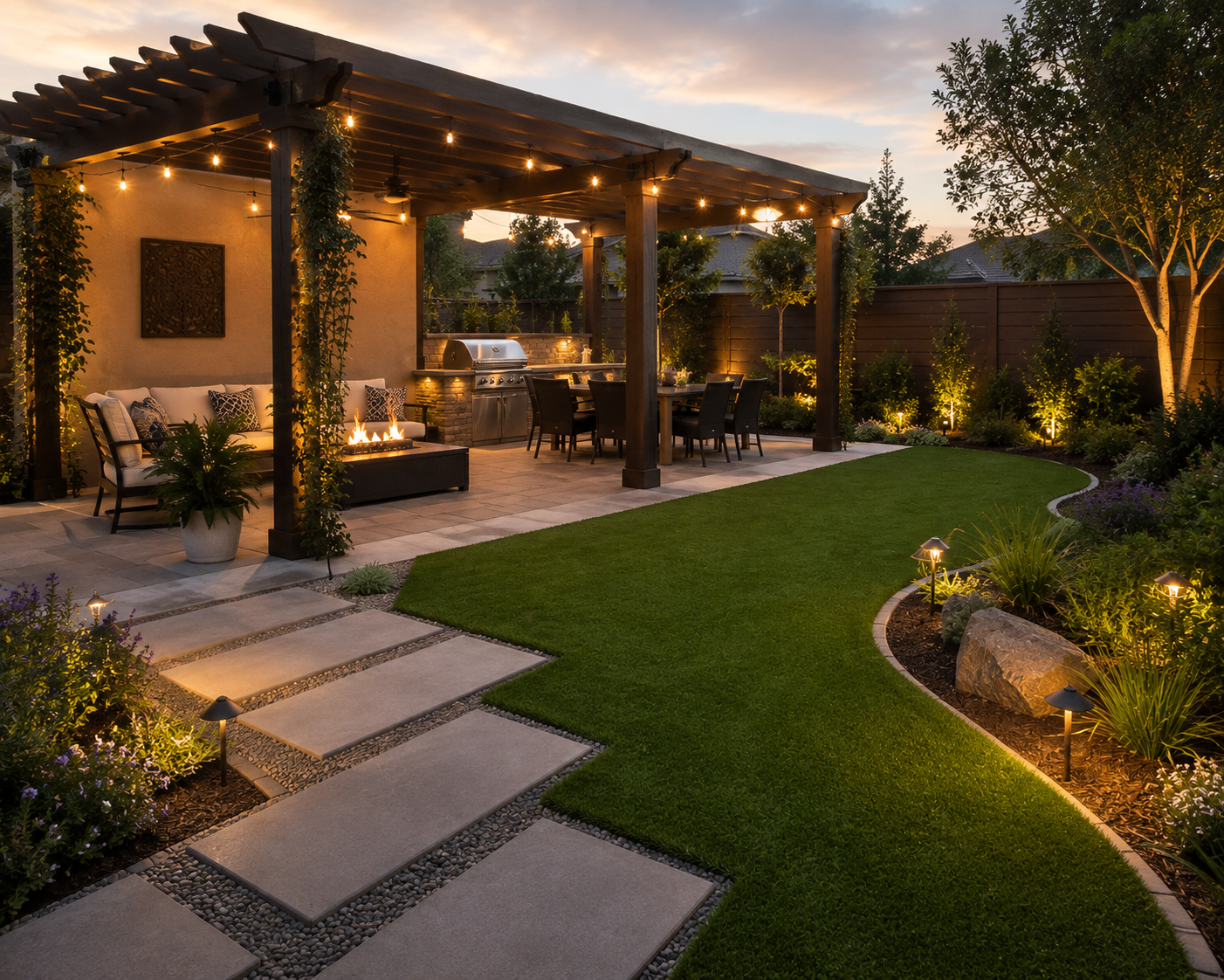 A backyard patio at dusk with a pergola, outdoor seating, a fire pit, a dining area with a grill, and landscaped garden with pathway lighting.
