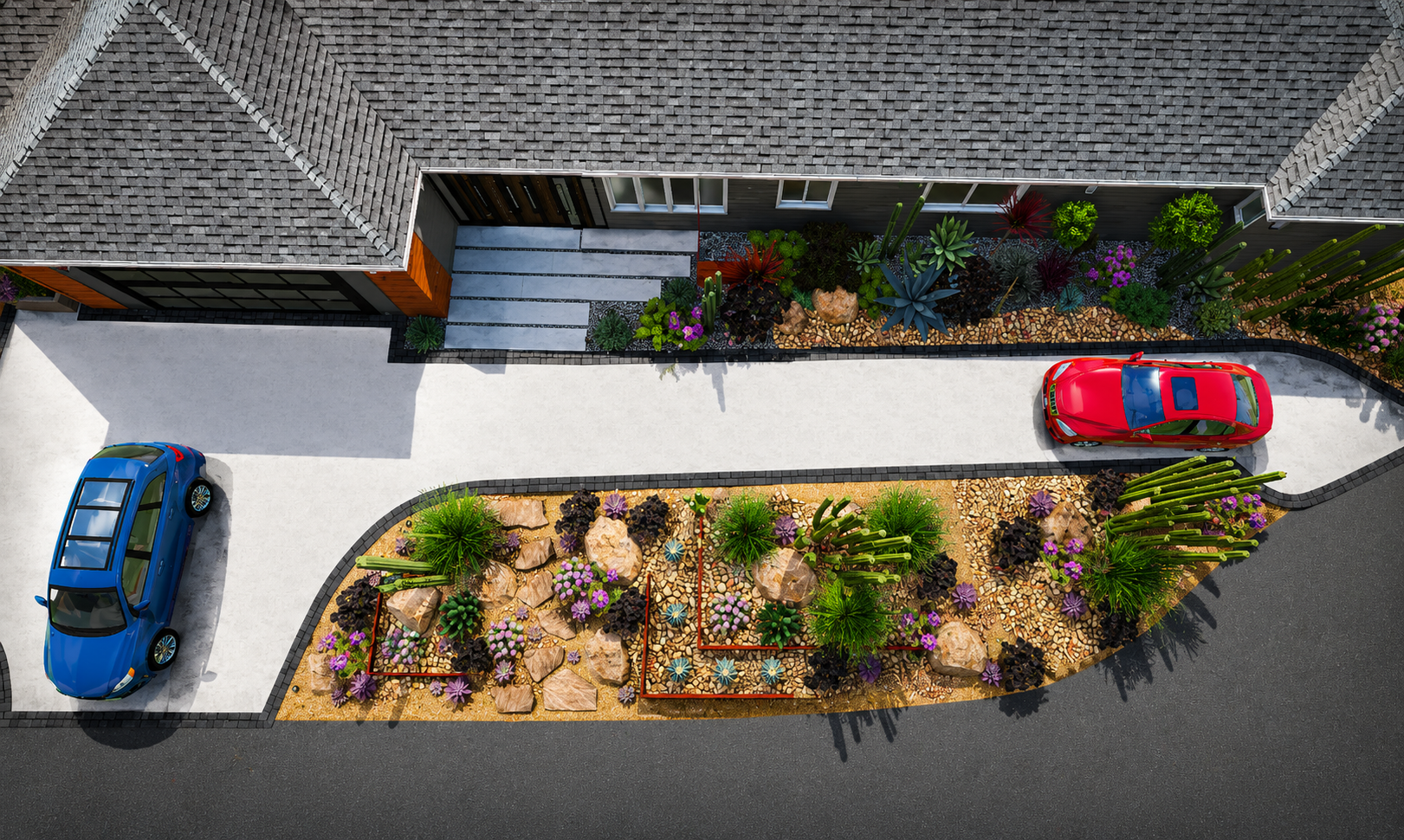 Aerial view of a modern house driveway with two parked cars, a blue one on the left side and a red one on the right side. The driveway features a landscaped garden with rocks, colorful flowers, and various plants along the edge.