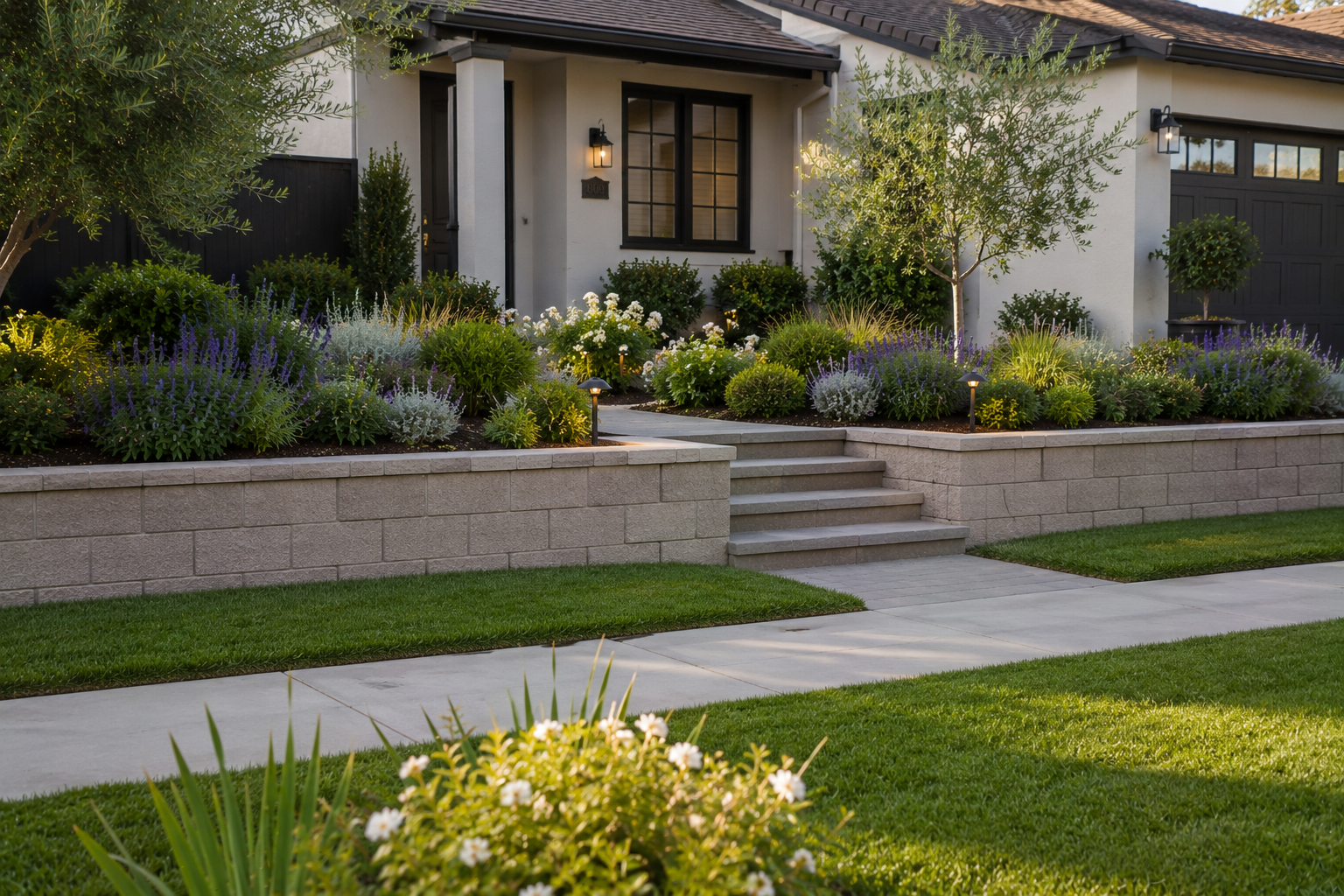 Front yard of a modern house with a well-maintained garden, stone steps leading to the entrance, and a green lawn.