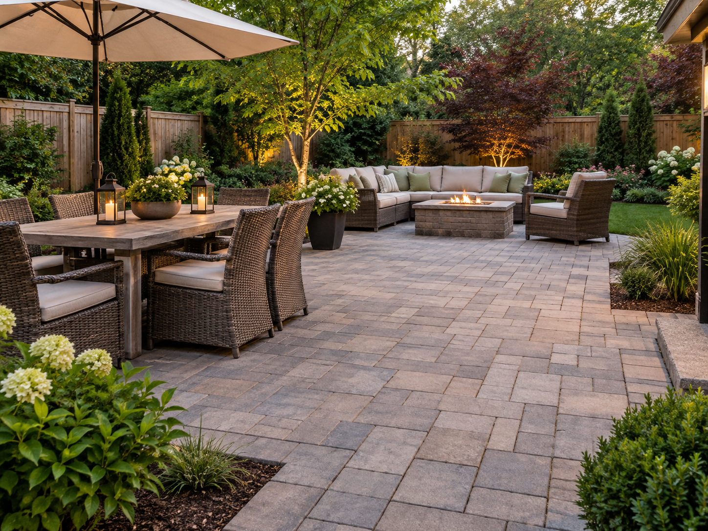 A backyard patio with stone pavers, a dining table with eight wicker chairs, a sectional sofa surrounding a fire pit, and lush green landscaping with trees, shrubs, and flowers, illuminated by outdoor lighting.