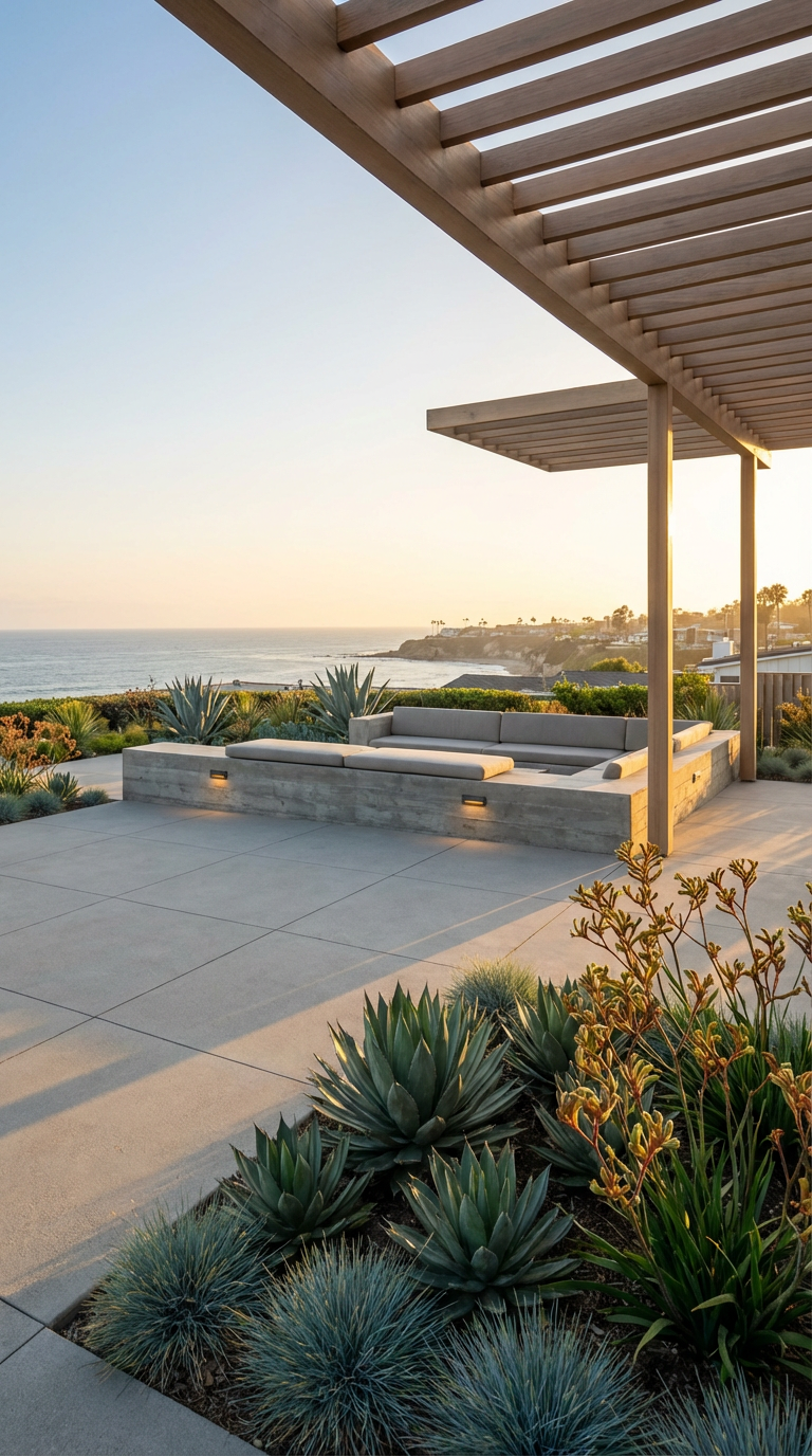 Outdoor seating, custom bench build. Sand finish concrete Modern style regular.