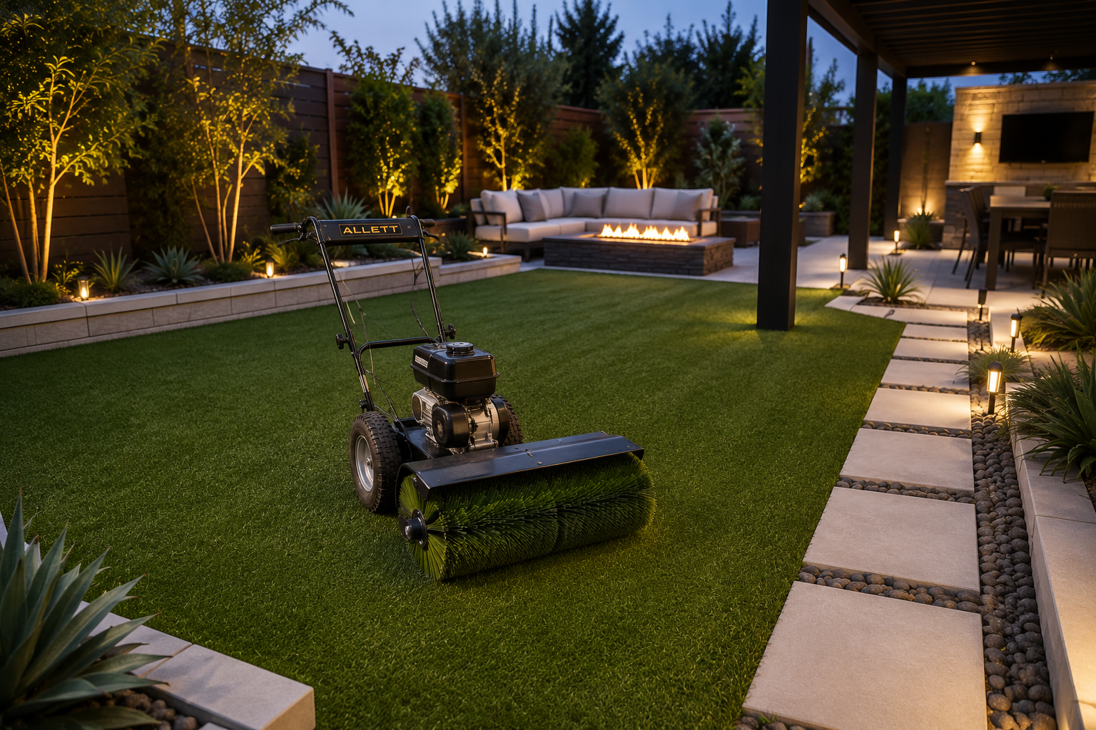 Backyard landscape featuring a lawn area, outdoor seating, fire pit, pathway lighting, and mature plants creating a comfortable evening outdoor space.