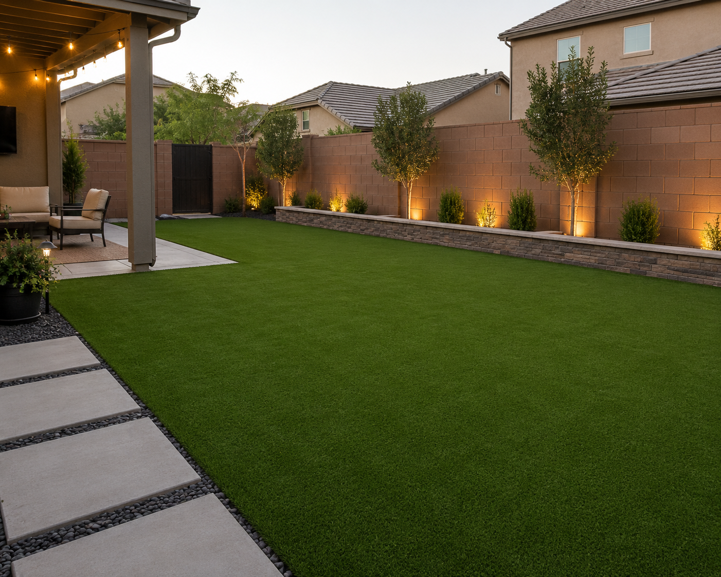 Landscaped backyard featuring a manicured lawn, stone pathway, patio seating, brick wall, planted areas, and outdoor lighting creating an inviting evening landscape.
