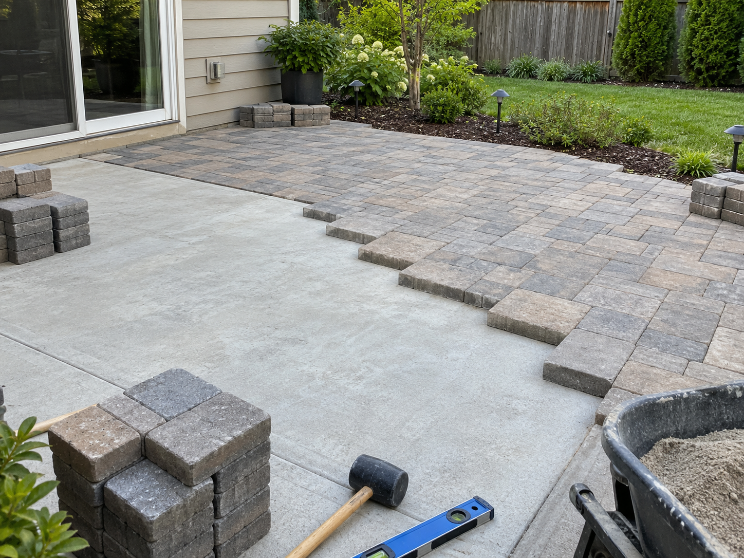 A backyard patio in the process of being constructed with stacked bricks, a level, and a mallet, featuring a section of newly laid paver stones leading to a garden with shrubs and trees.