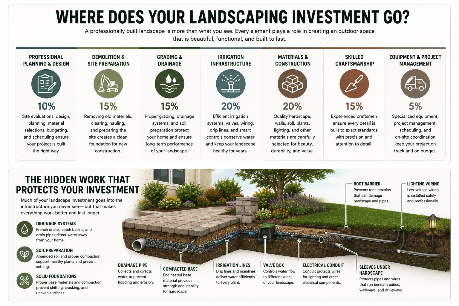 Landscape construction infographic showing irrigation and drainage systems