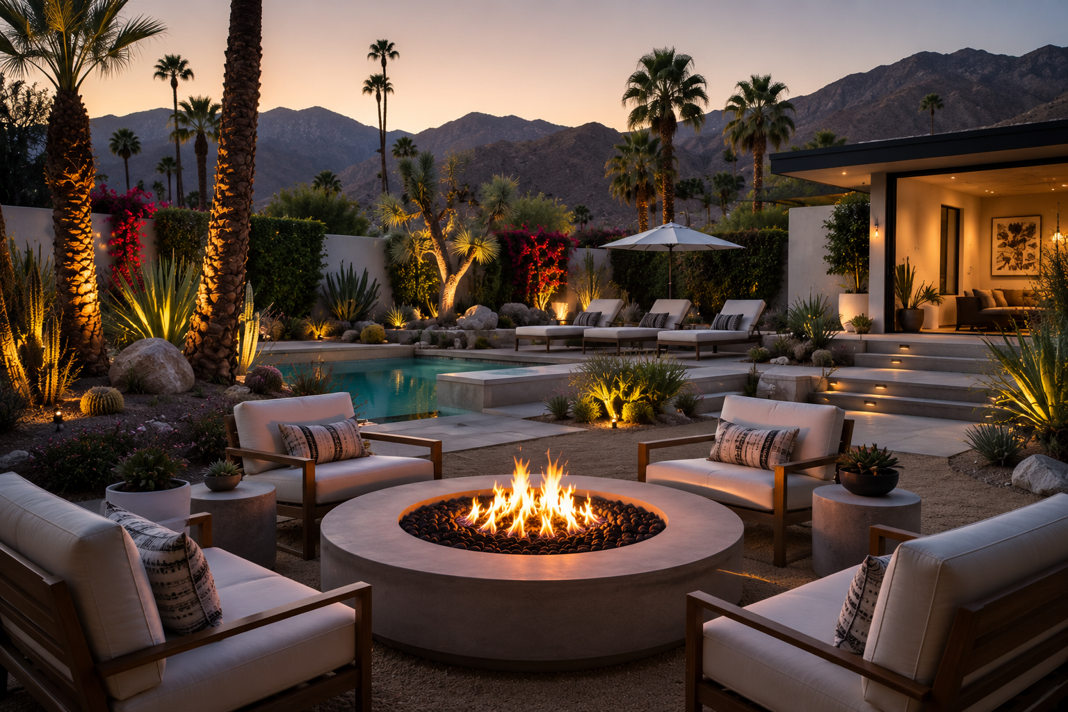Luxury backyard with outdoor fireplace, seating area, swimming pool, palm trees, desert plants, hillside mountains, and illuminated garden at dusk.