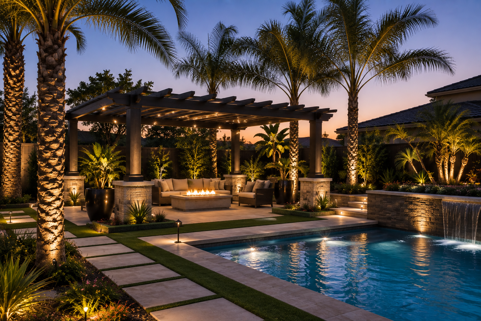 A luxurious backyard patio at dusk with a swimming pool, illuminated fire pit, palm trees, and outdoor seating under a pergola.
