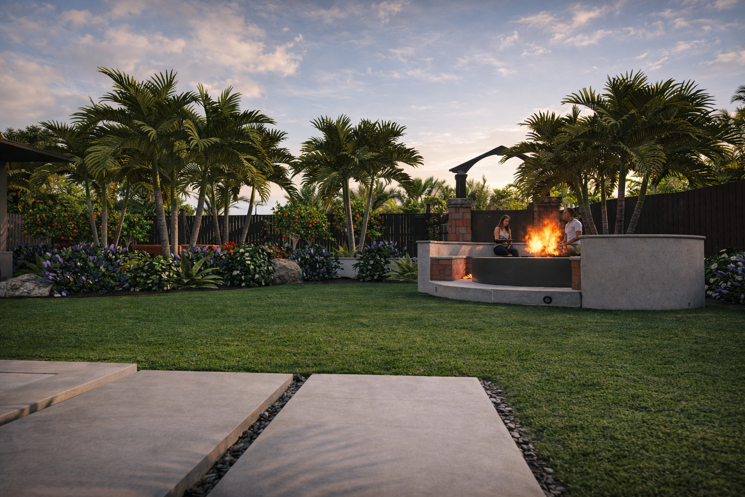 People sitting around a fire pit in a lush backyard garden with palm trees and colorful flowers during sunset.